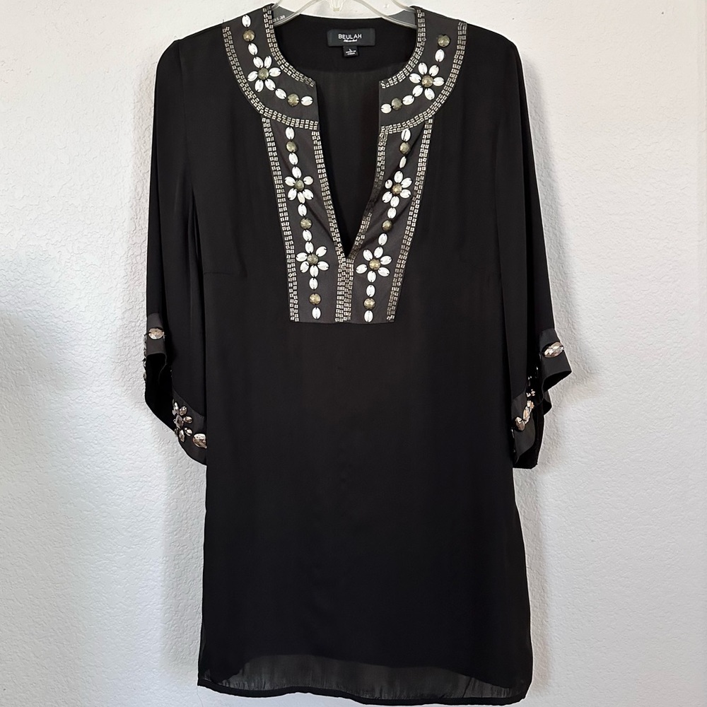 Beulah Black Embellished Tunic with Mirror and Floral Accents
